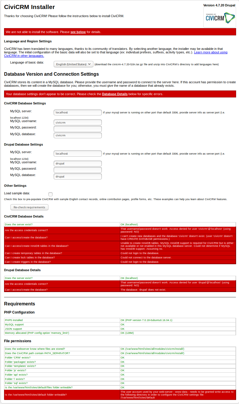 CiviCRM installer page not valid yet