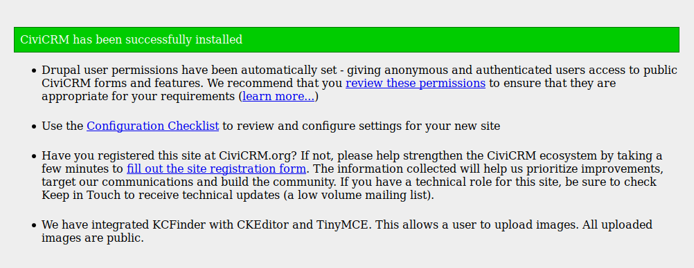 CiviCRM successfully installed page